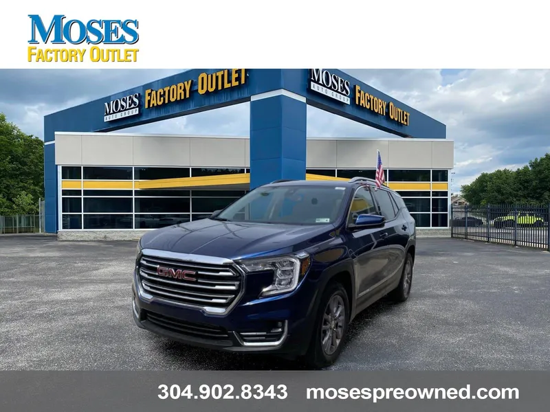 2023 GMC Terrain SLT in Marine Metallic — front three-quarter view