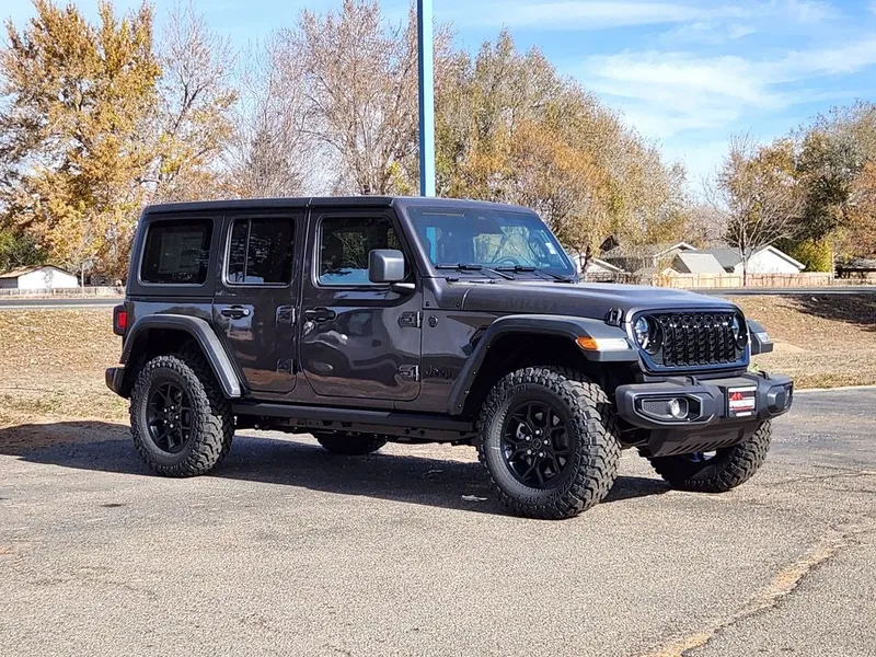 2026 Jeep Wrangler WRANGLER 4-DOOR WILLYS in Granite Crystal Metallic Clear-Coat Exterior Paint — front three-quarter view