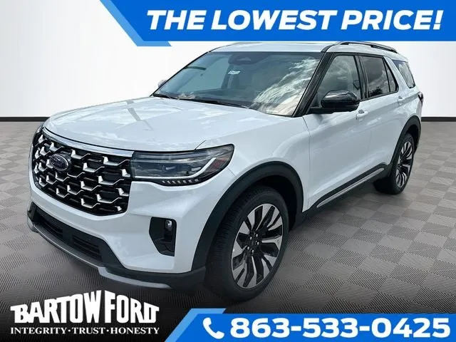 2026 Ford Explorer Platinum in White Metallic — front three-quarter view