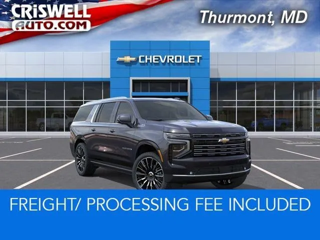 2026 Chevrolet Suburban High Country in Dark Ash Metallic — front three-quarter view