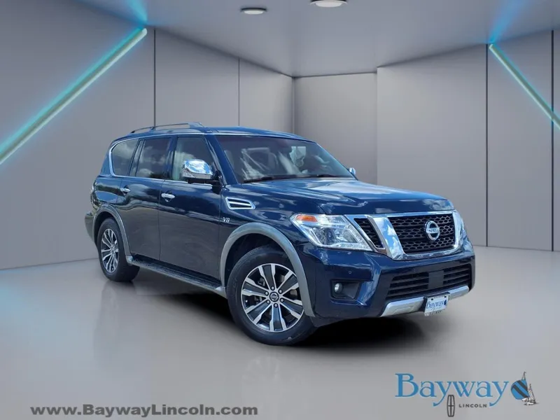 2017 Nissan Armada SL in Hermosa Blue — front three-quarter view