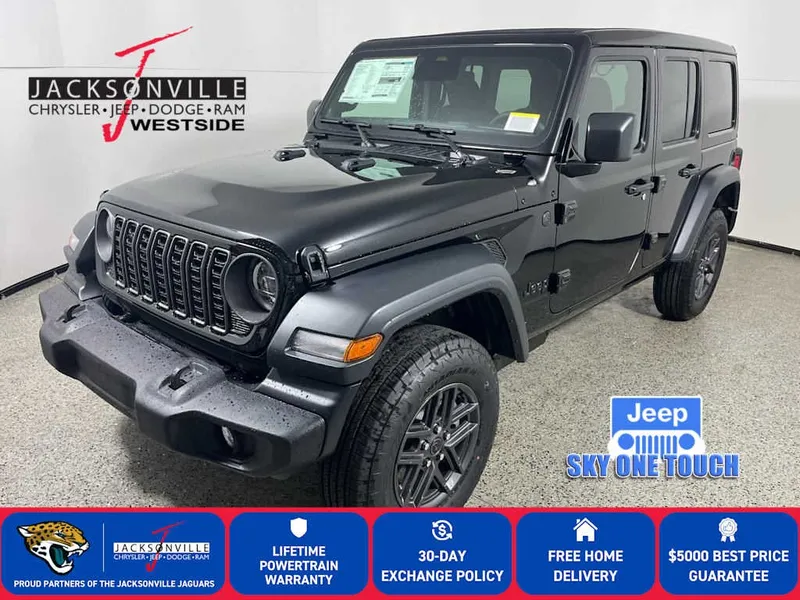 2026 Jeep Wrangler Sport S in Black Clear-Coat Exterior Paint — front three-quarter view