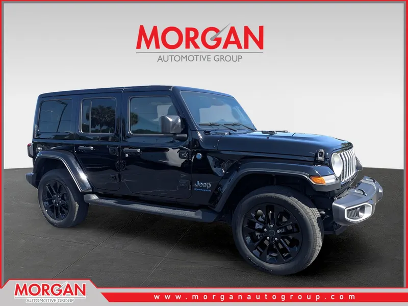 2025 Jeep Wrangler Sahara 4xe in Black — front three-quarter view