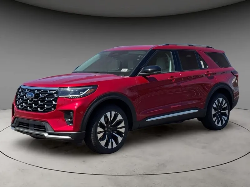 2026 Ford Explorer Platinum in Red Metallic — front three-quarter view