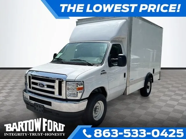 2025 Ford E-350SD 12' BOX TRUCK Cutaway in Oxford White — front three-quarter view
