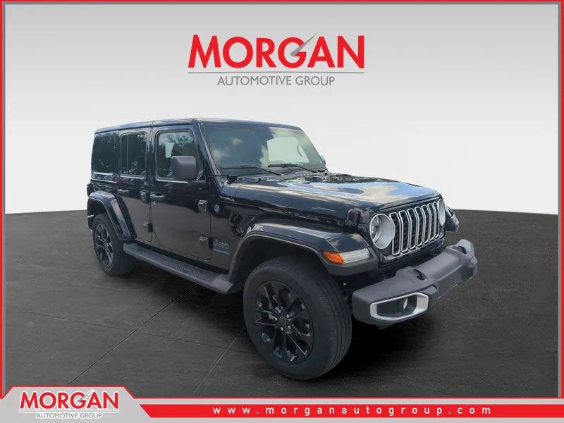 2025 Jeep Wrangler Sahara 4xe in Black — front three-quarter view