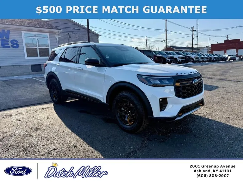 2026 Ford Explorer Tremor in Star White Metallic Tri-Coat — front three-quarter view