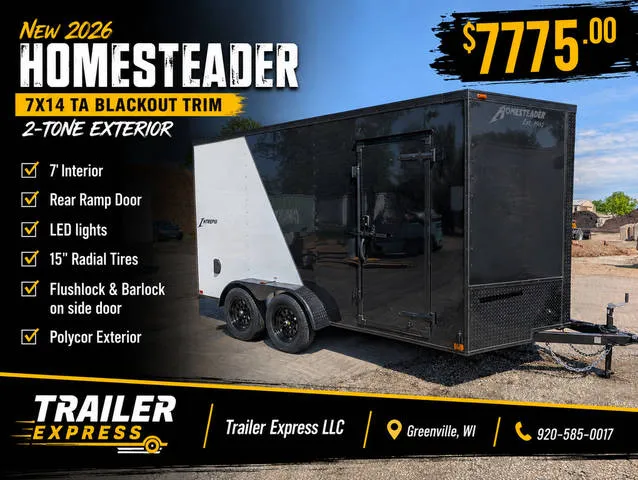 2026 Homesteader 7x14 TA, 7' Interior, Polycore sides, Blackout Edition, Ramp — front three-quarter view