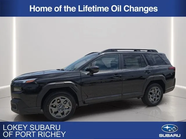 2026 Subaru Outback Premium in Crystal Black Silica — front three-quarter view