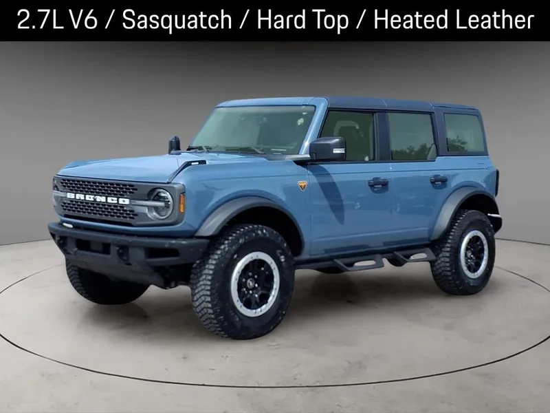 2024 Ford Bronco Badlands in Azure Gray Metallic Tri-Coat — front three-quarter view