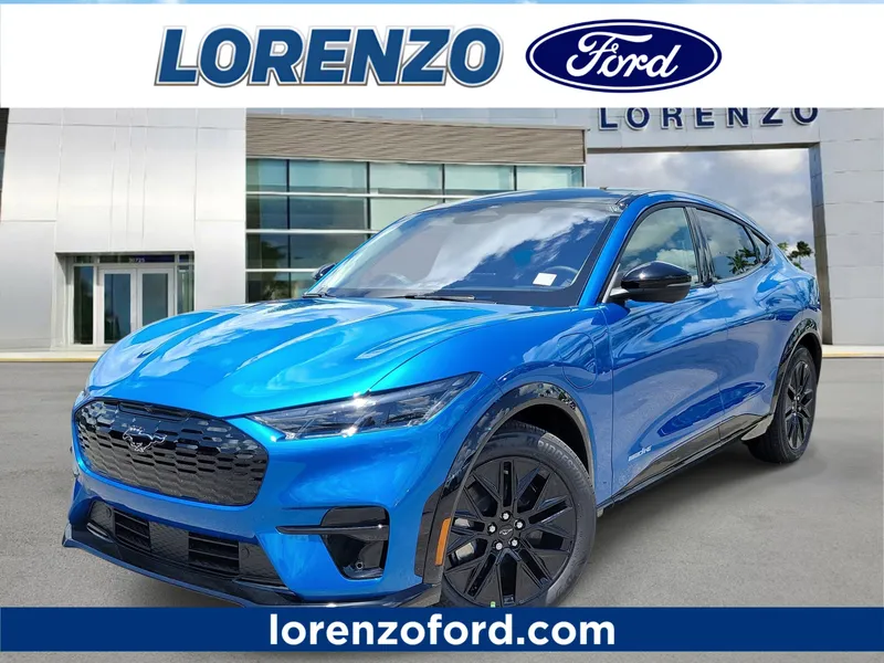 2026 Ford Mustang Mach-E Premium in Velocity Blue Metallic — front three-quarter view