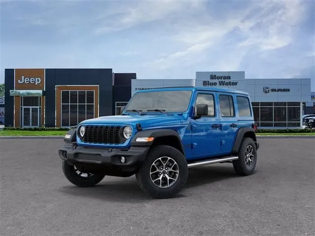 2026 Jeep Wrangler WRANGLER 4-DOOR SPORT S in Hydro Blue Pearl-Coat Exterior Paint — front three-quarter view