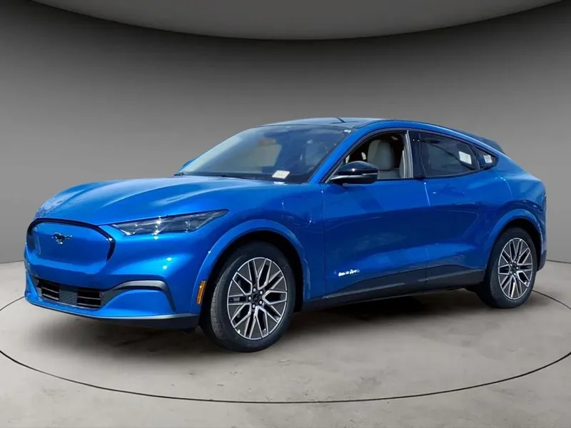 2026 Ford Mustang Mach-E Premium in Blue Metallic — front three-quarter view