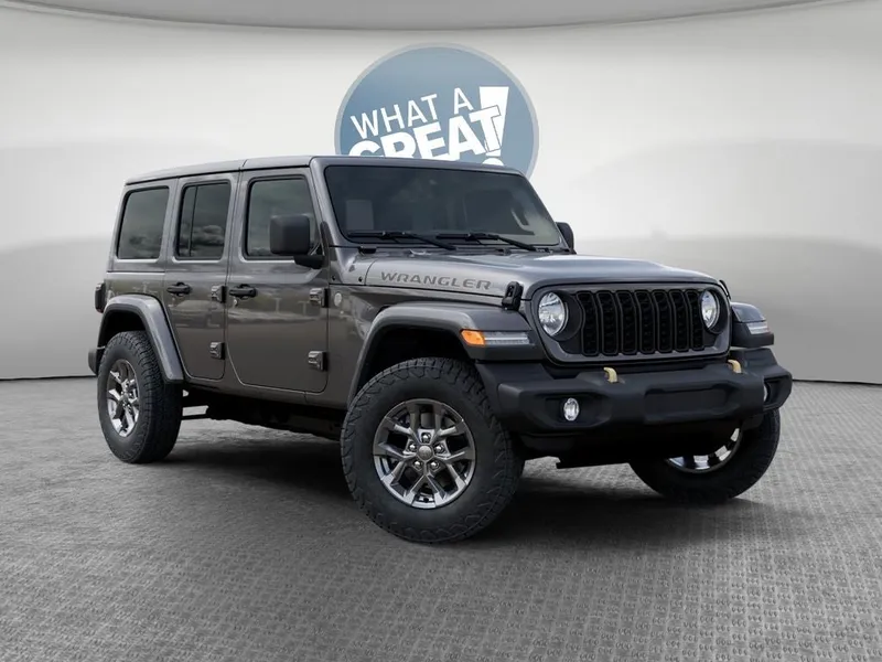 2026 Jeep Wrangler Base in Granite Crystal Metallic Clear-Coat Exterior Paint — front three-quarter view