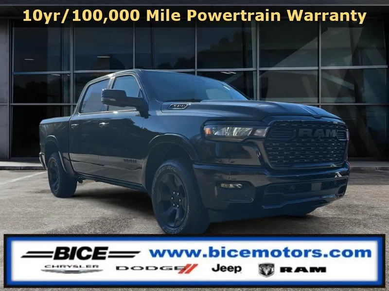 2026 RAM Ram 1500 Big Horn Crew Cab 4x4 in Diamond Black Crystal Pearl-Coat Exterior Paint — front three-quarter view