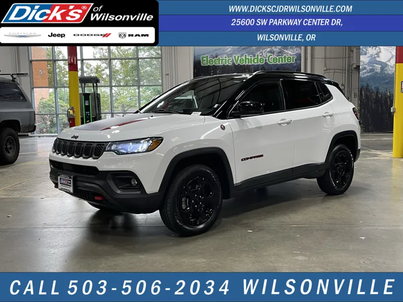 2023 Jeep Compass Trailhawk in Bright White Clearcoat — front three-quarter view