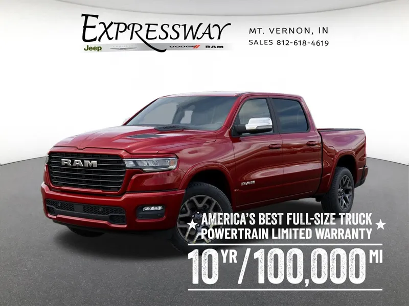 2026 RAM 1500 Laramie 4x4 Crew Cab 5'7 Box in Molten Red Pearl-Coat Exterior Paint — front three-quarter view
