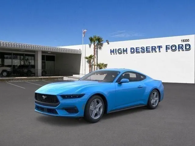 2026 Ford Mustang EcoBoost in Grabber Blue Metallic — front three-quarter view