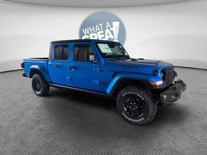 2026 Jeep Gladiator Willys in Hydro Blue Pearl-Coat Exterior Paint — front three-quarter view