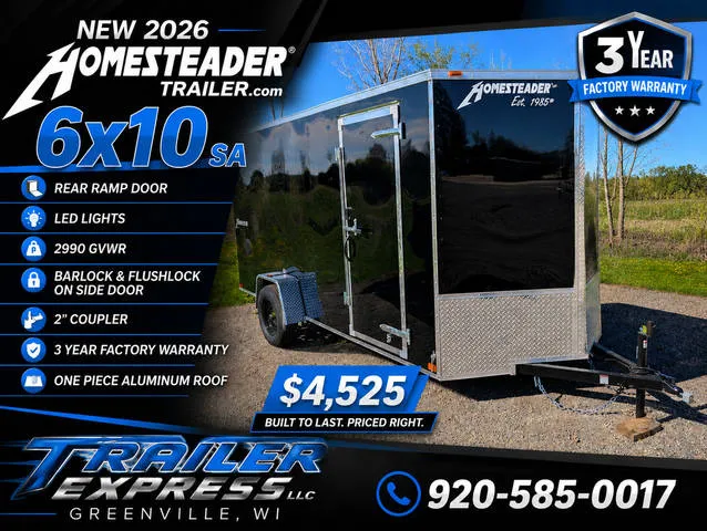 2026 Homesteader 6x10 SA, Rear Ramp,6" Interior — front three-quarter view
