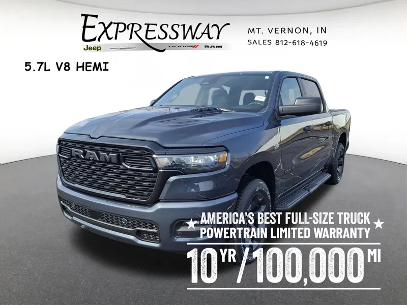 2026 RAM 1500 Express 4x4 Crew Cab 5'7 Box in Forged Blue Metallic Exterior Paint — front three-quarter view