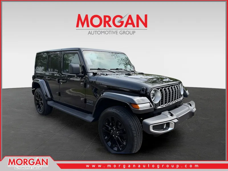 2025 Jeep Wrangler Sahara 4xe in Black — front three-quarter view