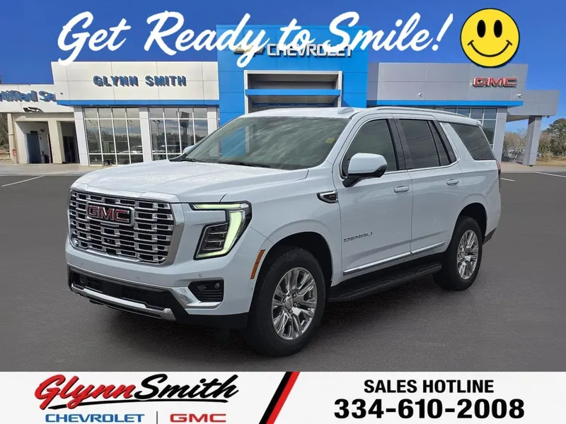 2026 GMC Yukon Denali in Glacier White Tricoat — front three-quarter view