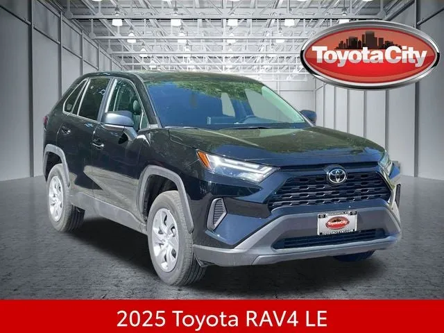 2025 Toyota RAV4 LE in Midnight Black Metallic — front three-quarter view