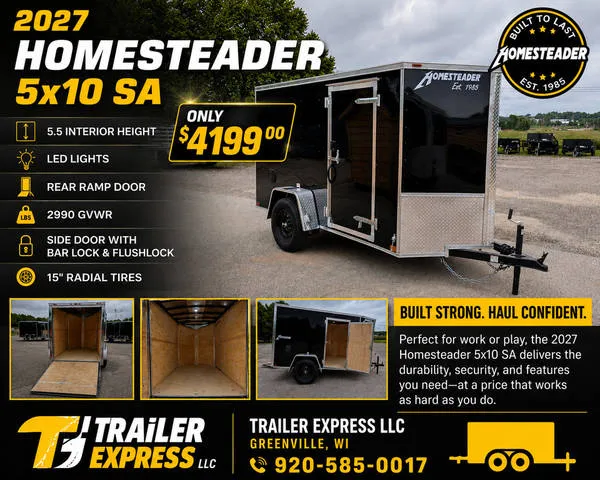 2027 Homesteader 5x10 SA, 5.5 Interior Height, Rear Ramp, Side Door — front three-quarter view