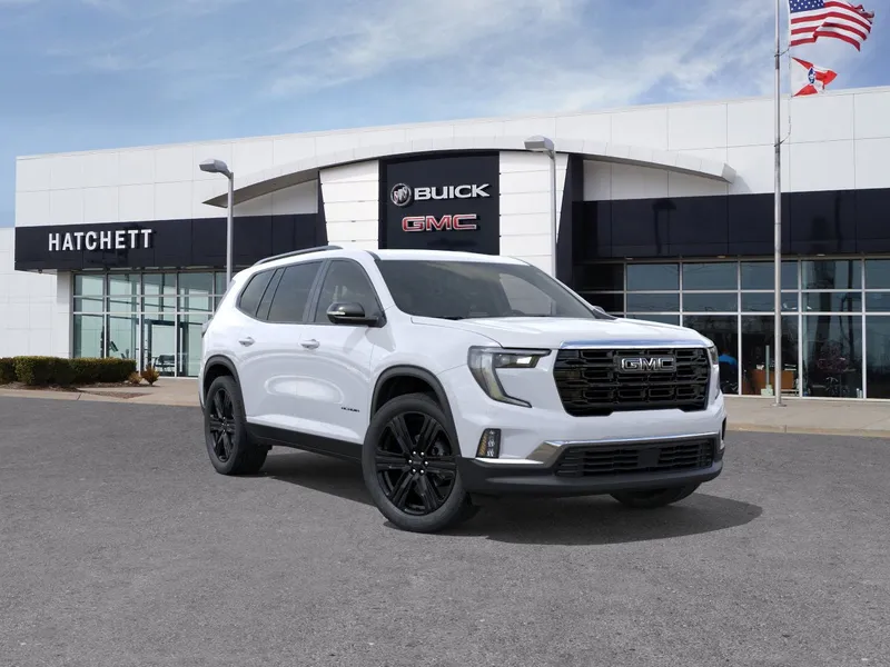 2026 GMC Acadia Elevation in Glacier White Tricoat — front three-quarter view