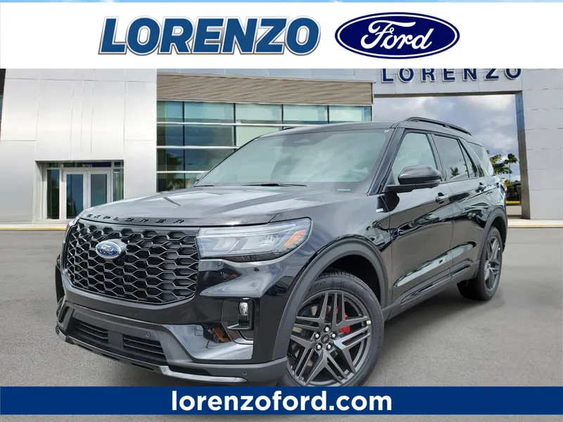 2026 Ford Explorer ST-Line in Agate Black Metallic — front three-quarter view