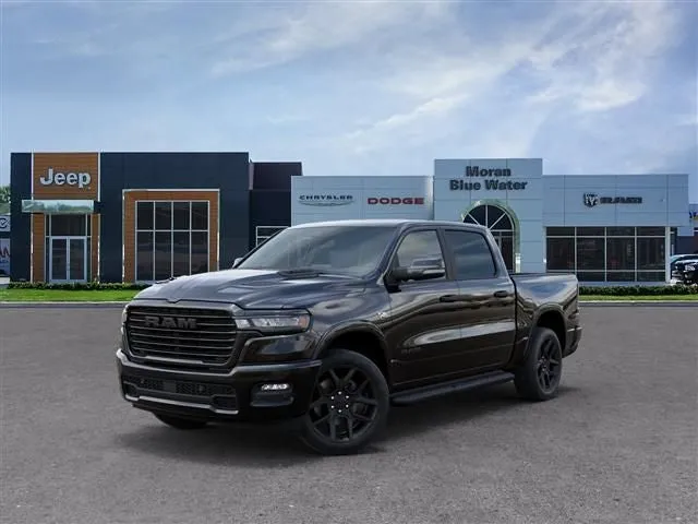 2026 RAM Ram 1500 RAM 1500 LARAMIE CREW CAB 4X4 5'7' BOX in Diamond Black Crystal Pearl-Coat Exterior Paint — front three-quarter view