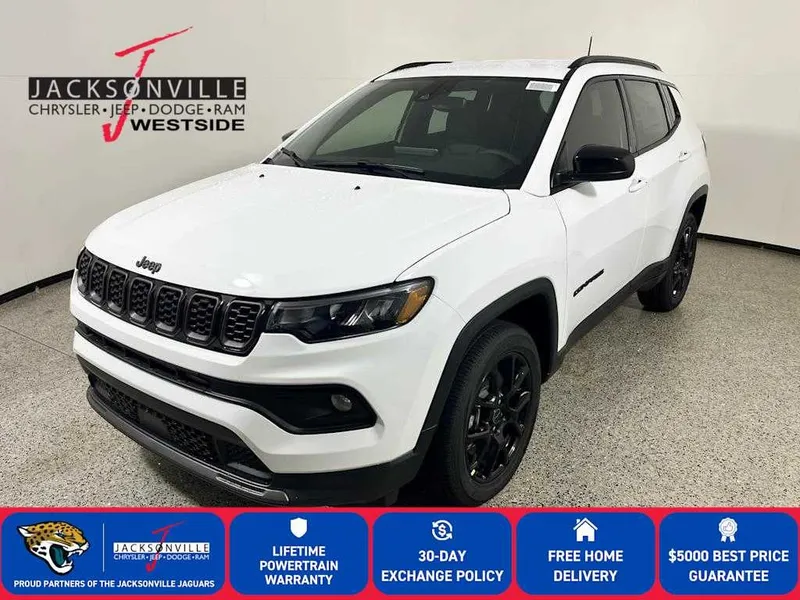 2026 Jeep Compass Latitude Altitude in Bright White Clear-Coat Exterior Paint — front three-quarter view