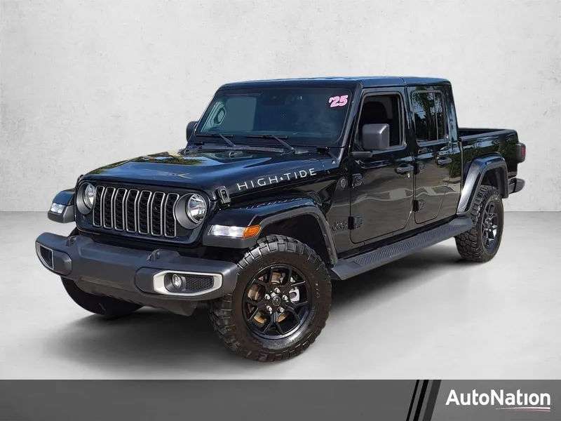 2025 Jeep Gladiator High Tide 4x4 in Black Clearcoat — front three-quarter view