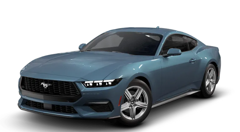 2026 Ford Mustang EcoBoost in Vapor Blue Metallic — front three-quarter view