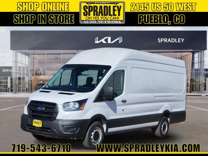 2023 Ford Transit Cargo Van T-250 148" EL Hi Rf 9070 GVWR RWD in White — front three-quarter view