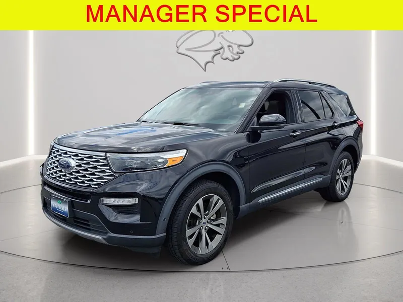 2020 Ford Explorer Platinum in Agate Black — front three-quarter view