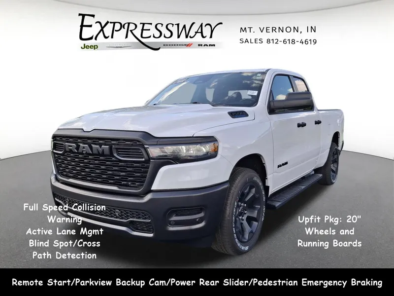 2026 RAM 1500 Tradesman 4x2 Quad Cab 6'4 Box in Bright White Clear-Coat Exterior Paint — front three-quarter view