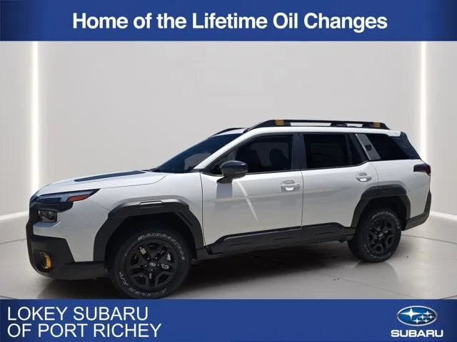 2026 Subaru Outback Wilderness in Crystal White Pearl — front three-quarter view
