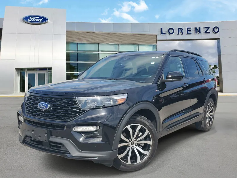 2023 Ford Explorer ST-Line in Agate Black Metallic — front three-quarter view