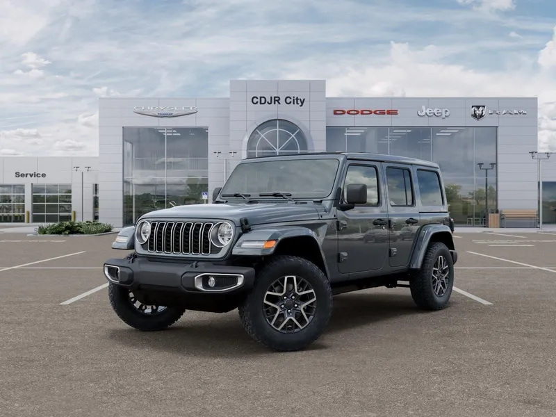 2026 Jeep Wrangler WRANGLER 4-DOOR SAHARA in Anvil Clear-Coat Exterior Paint — front three-quarter view