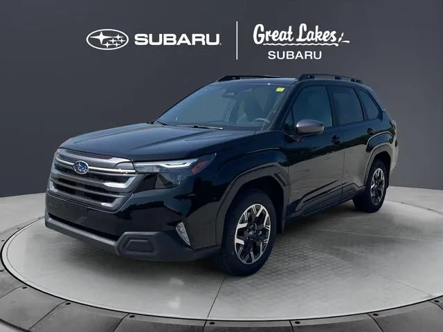 2026 Subaru FORESTER Premium in Crystal Black Silica — front three-quarter view