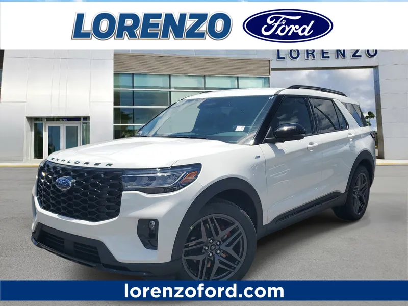 2026 Ford Explorer ST-Line in Star White Metallic Tri-Coat — front three-quarter view