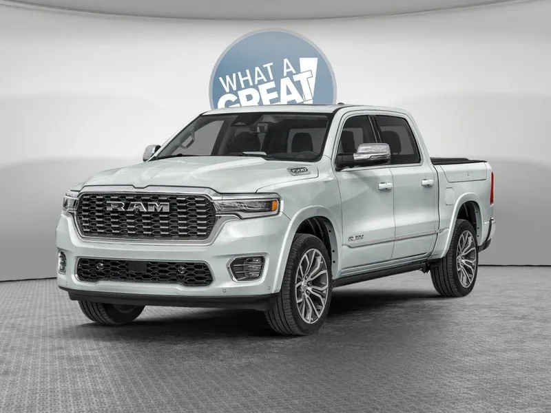 2026 RAM 1500 RAM 1500 TUNGSTEN CREW CAB 4X4 in Ivory White Tri-Coat Pearl-Coat Exterior Paint — front three-quarter view