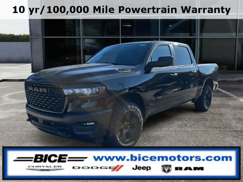 2026 RAM Ram 1500 Warlock Crew Cab 4x4 in Diamond Black Crystal Pearl-Coat Exterior Paint — front three-quarter view