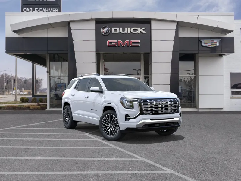 2026 GMC Terrain Denali in Glacier White Tricoat — front three-quarter view