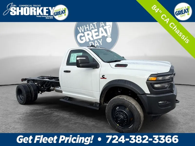 2026 RAM 5500 Tradesman DRW 4x4 / 6.7L Diesel / 84" CA Chassis in Bright White Clear-Coat Exterior Paint — front three-quarter view