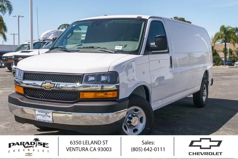 2026 Chevrolet Express Cargo 3500 Extended Wheelbase Rear-Wheel Drive in Summit White — front three-quarter view