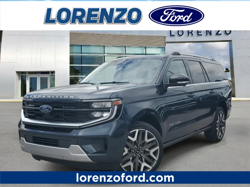 2026 Ford Expedition Max Platinum in Stone Blue Metallic — front three-quarter view