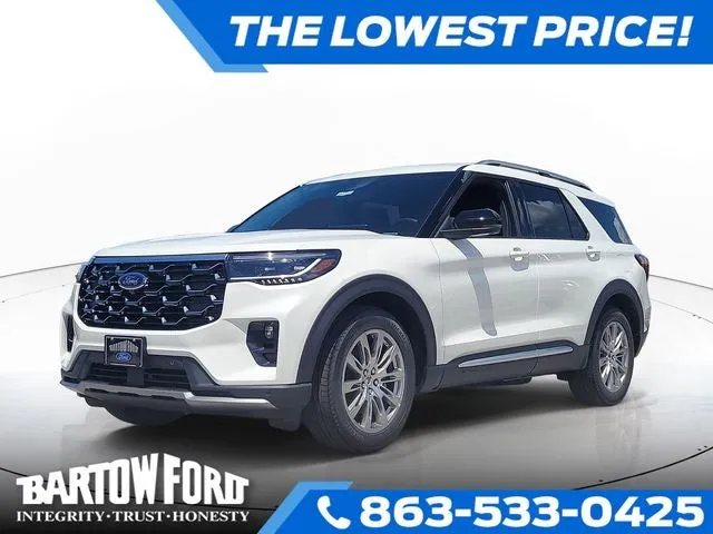 2026 Ford Explorer Platinum in White Metallic — front three-quarter view